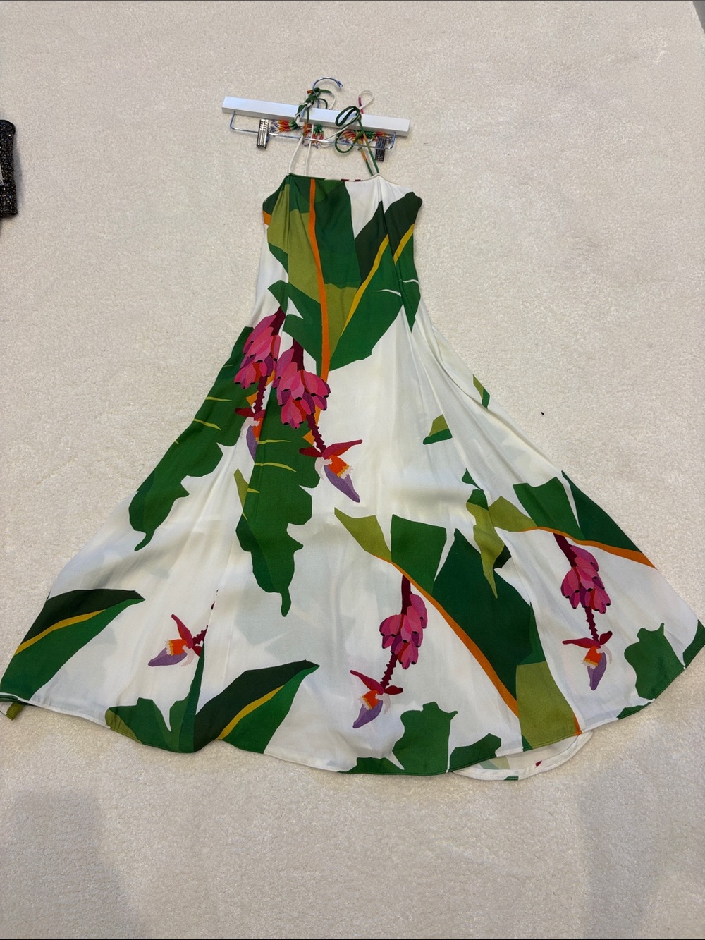 FARM Rio White Midi Dress with Green Leaves & Pink Floral Accents